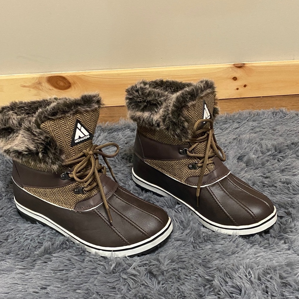 Mishansha Brown Faux Fur Trim Winter Duck Boots